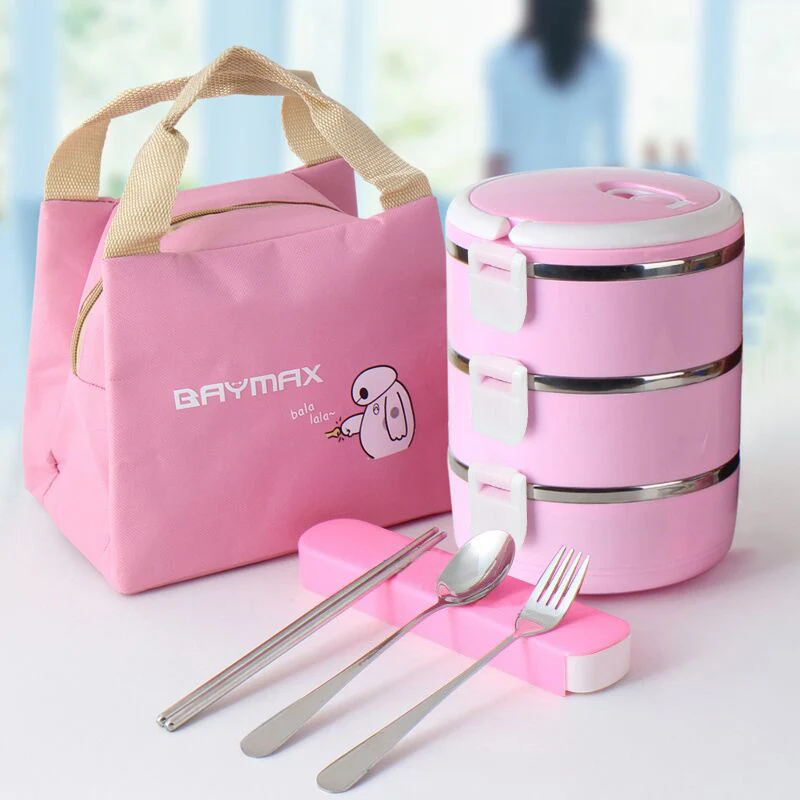 Pink 3 Layer Горячая Ланч-бокс для детей школы детей 304 из нержавеющей стали пищевой контейнер пластиковая коробка для бенто термальный Ланчбокс - Цвет: Pink 3 Layer