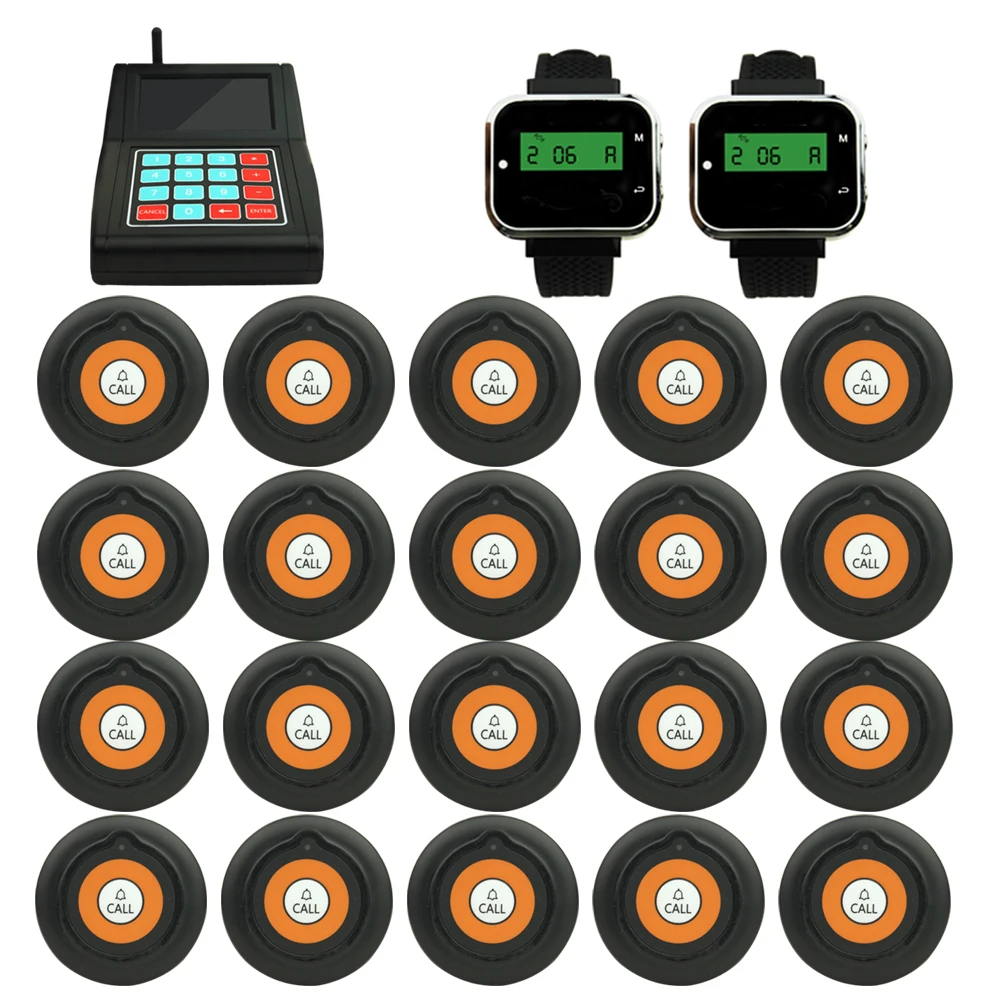 

Беспроводная система вызова JINGLE BELLS, 20 кнопок вызова + 2 часы-пейджера + 1 клавиатура-передатчик, кнопка для гостевого вызова, ресторан, кафе