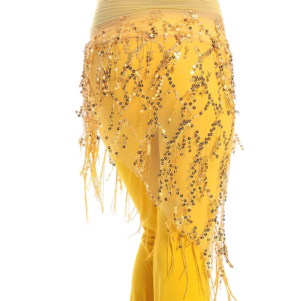 Новинка, женский шарф для занятий танцами живота, нейлоновая пряжа, пояс, юбка с блестками и кисточками, Одежда для танцев, аксессуары - Цвет: Цвет: желтый