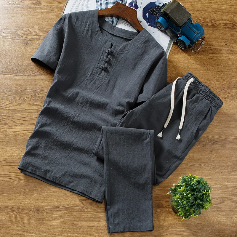 Льняной костюм для молодых мужчин летом с большим размером и свободной китайской