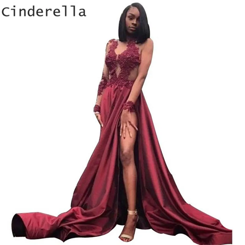 Платье Золушки бордового цвета с v образным вырезом и длинными рукавами