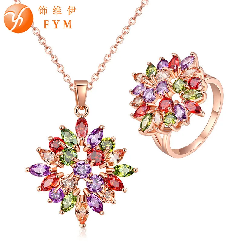 

FYM Brand Luxury Ring Size 7-8 Rose Gold color Colorful Zircon Necklace Ring Set Cubic Zirconia Women Jewelry Sets