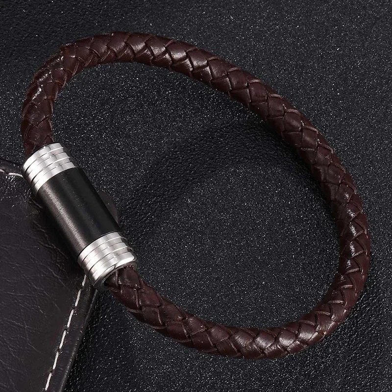 Fashion 6mm Black/Brown Leather Braided Bracelet Men Women Jewelry Stainless Steel Magnetic Clasp Male Wrist Band Gifts PD0410 | Украшения