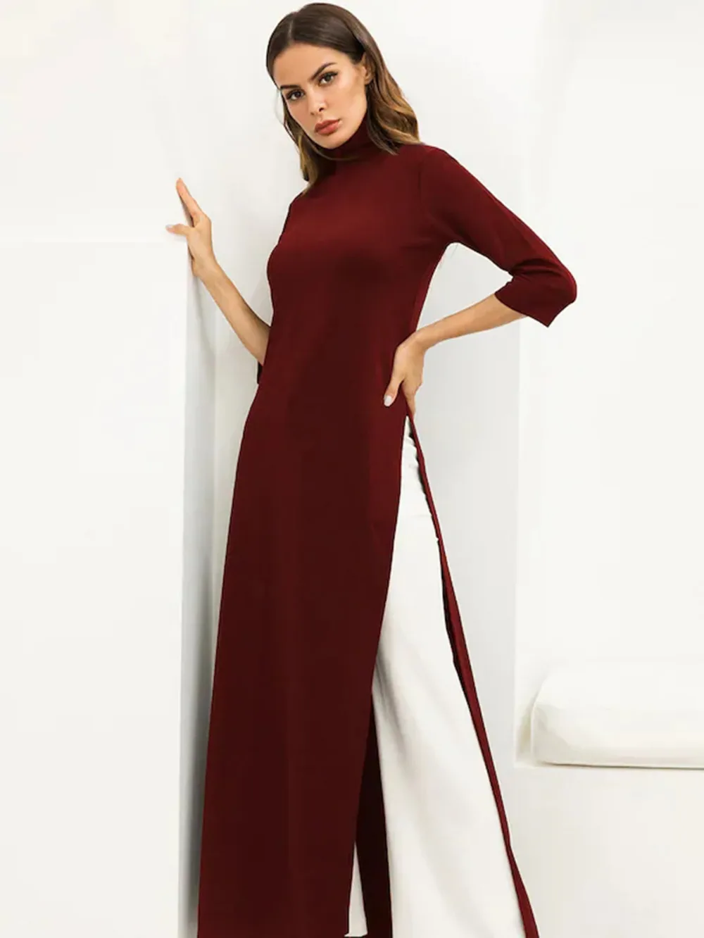 Женское платье Ao Dai стиль Макси черепаха шеи 3/4 рукав свободный элегантный разрез Повседневная мода