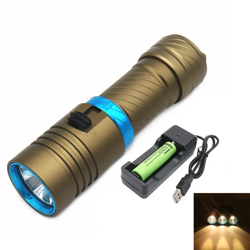 yellow-18650-Battery Светильник для дайвинга, желтый светильник L2 светодиодный водонепроницаемый светильник-вспышка 6000 люмен, погружной фонарь, подводный фонарь, светильник для дайвинга, прожектор, светильник - Испускаемый цвет: yellow-18650-Battery