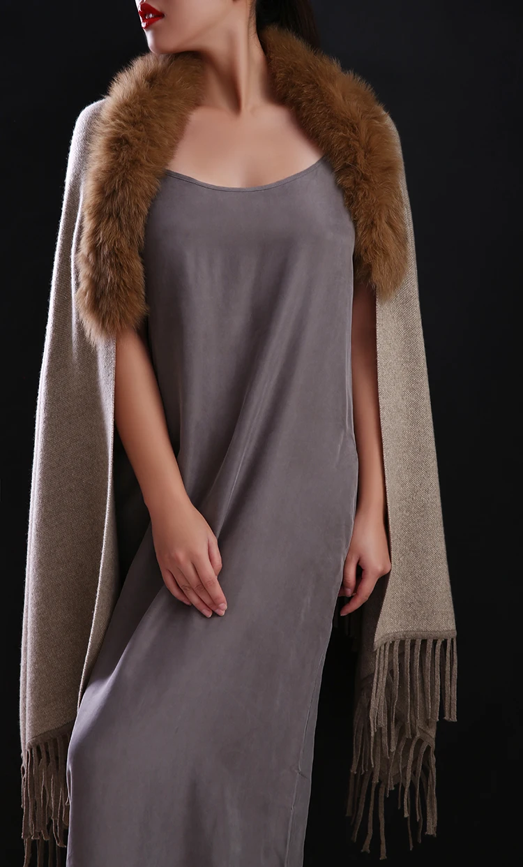 Роскошная шаль Женская зима осень весна обертывания чистый кашемир отделка из натурального Лисьего меха S20