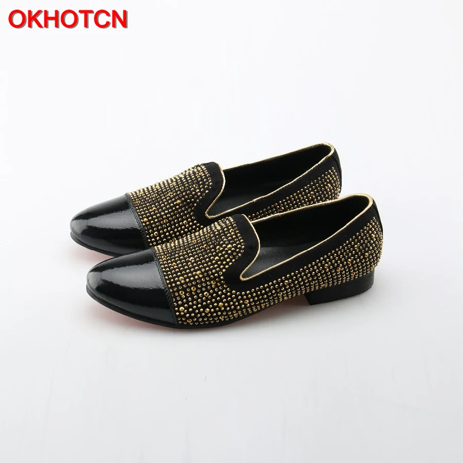 

OKHOTCN Men Loafers Pointed Toe Leather Shoes Fashion Gold Rivets Studded Men Flat Shoes Breathable Loafers Popular Men Shoes