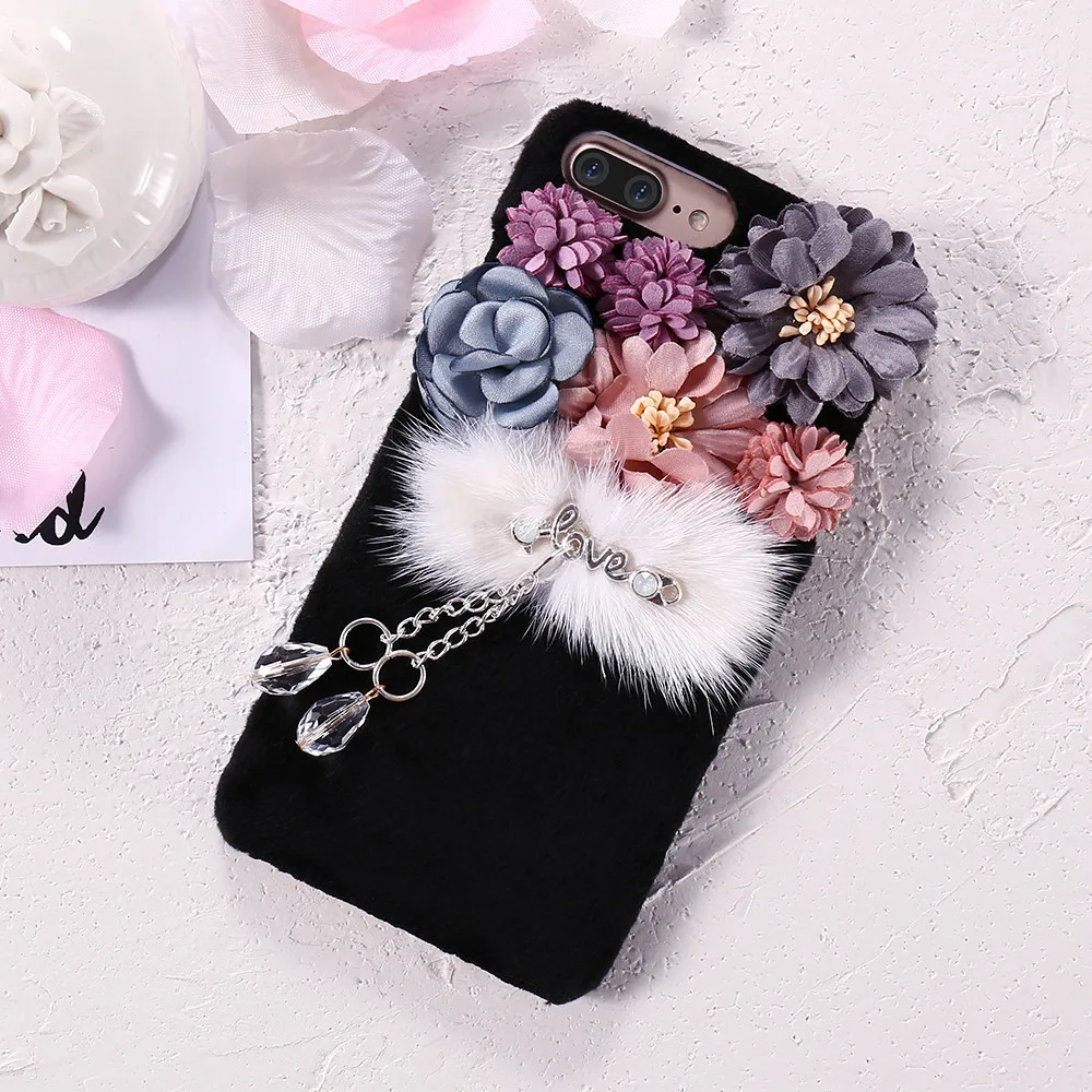 KISSCASE Luxury 3D Flowers Fur Cases Cover For iPhone 7 7Plus Phone Lovely Korean Back Apple 6 6S Plus |