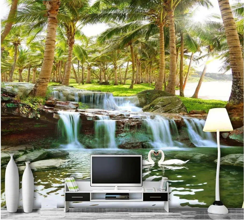 

Custom photo 3d wallpaper Coconut tree forest water waterfall scenery Home decor 3d wall murals wallpaper for living room