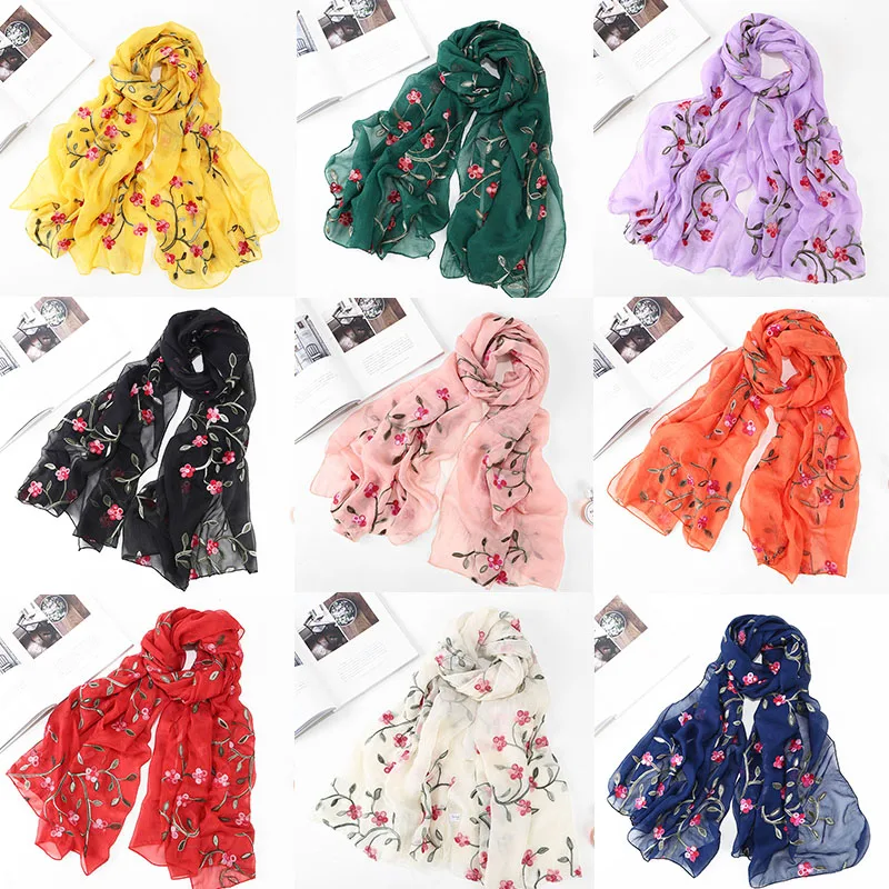 

Шелковые шарфы, палантины, женский шарф, популярный, 1 шт., Пашмина, хиджаб с цветочной вышивкой, новинка 2018, шифоновые платки, пляжные паланти...