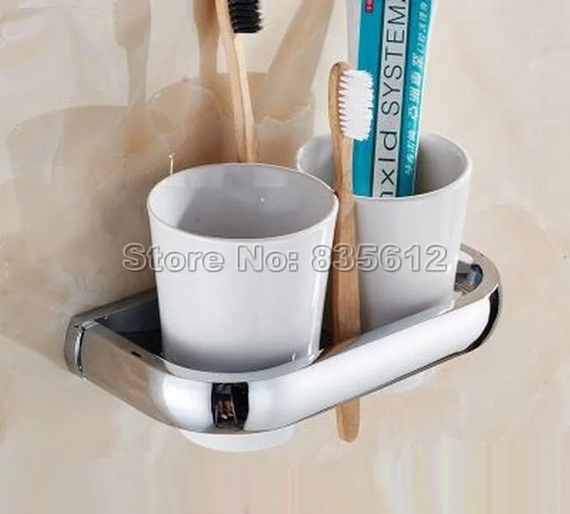

Полированный хромированный настенный держатель для зубной щетки с двумя керамическими чашками, набор аксессуаров для ванной комнаты Wba856