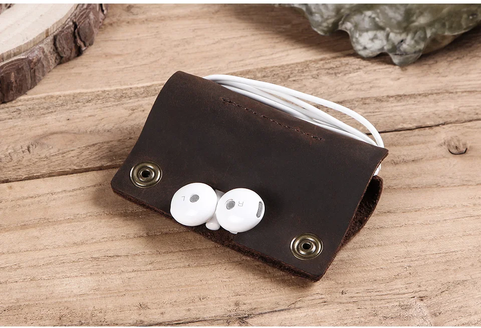 Luxury genuine leather earphone cable organizer wire winder for Earphone USB cable protector management holder mini personalized