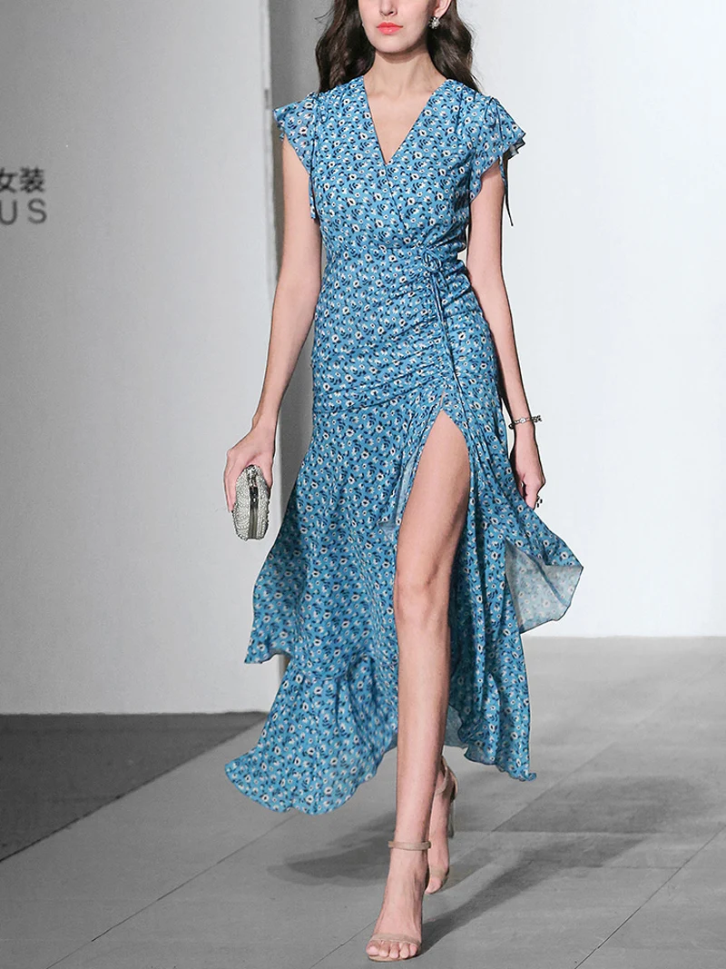 2019 летние модные женские платья с цветочным принтом коротким рукавом завязками