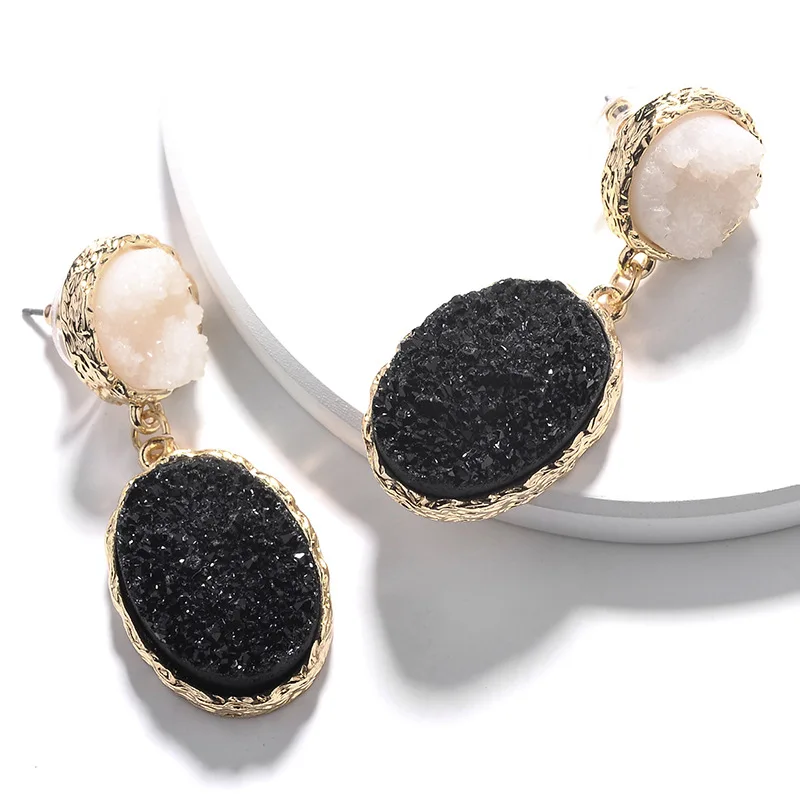 

Luxury Geometric Round Circle Dangle Earings Pink Quartz Color Crystal Resin Stone Druzy Earrings For Women Fashion Jewelry