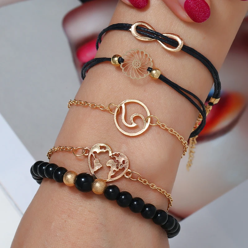 Lemon Value Bohemian Charms Heart Bracelet Set For Women Vintage Gold Color Multilayer Beads Infinite Bracelets Jewelry ZL299 | Украшения и