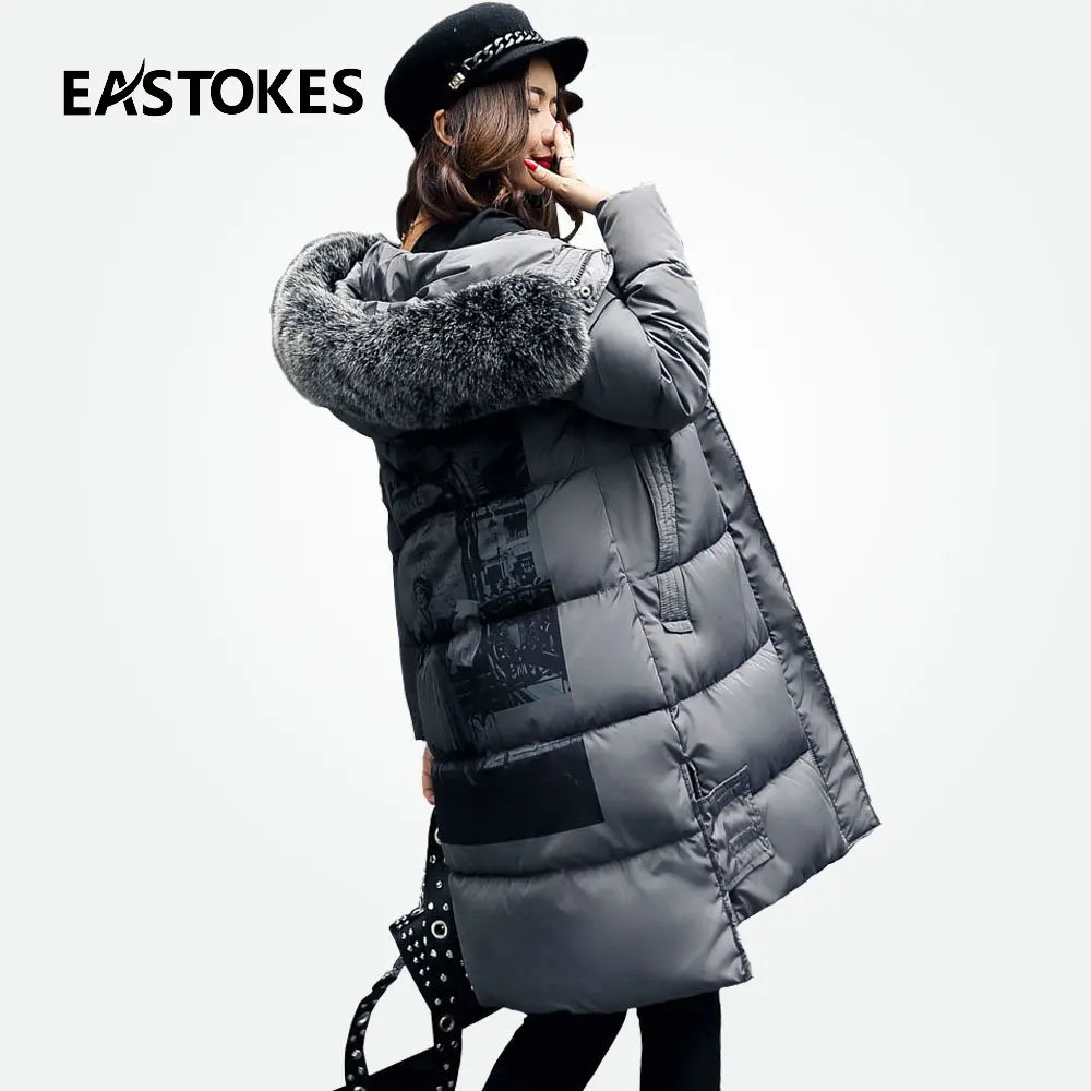Для женщин зимние пальто с модный принт Женская куртка капюшоном большой меховой