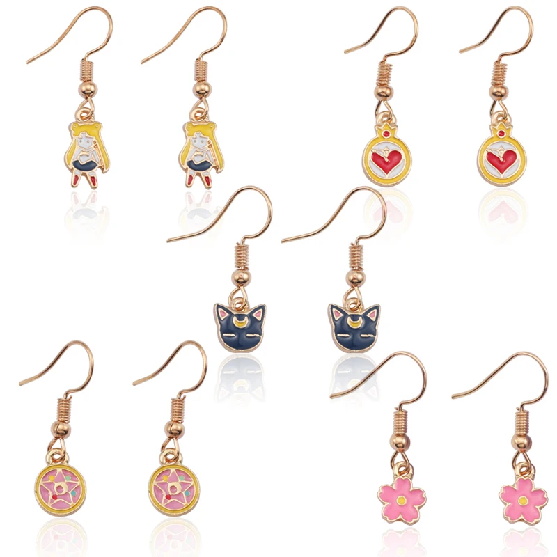 DIY серьги для женщин милые аниме серьги для девочек трендовые Kawaii Сейлор Мун Любовь Сердце Кошка Волшебная звезда ювелирные изделия Прямая