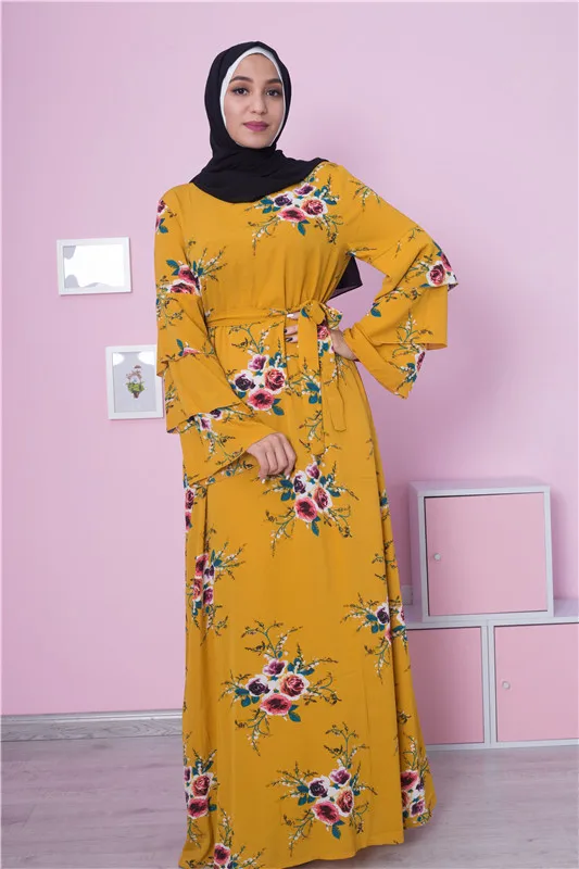 Новое Женское мусульманское длинное платье для девочки Jilbab abaya бальное платье Дубай с цветочным принтом пояс арабский Средневосточный платье мусульманская одежда Рамадан Мода