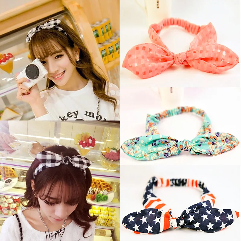 Женская тканевая повязка на голову обруч с бантом и кроличьими ушками аксессуар