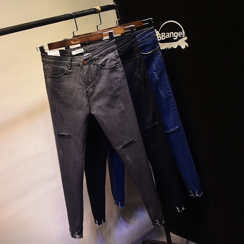 Stretch Jeans Femme Denim Ripped for Women 2018 Spring Woman Blue Grey Destroyed Feminino High Waist Pencil Pantalon |