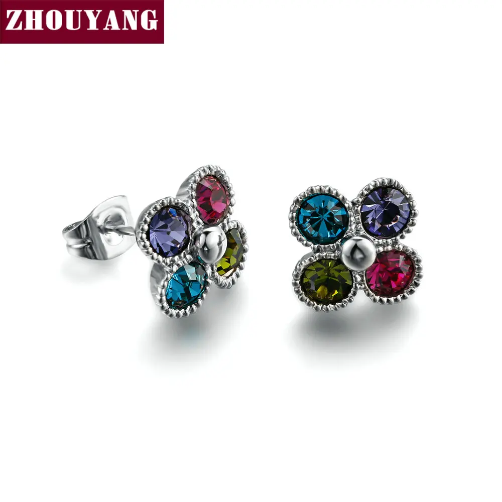 Женские Разноцветные серьги гвоздики ZHOUYANG с австрийским кристаллом Lucky Clover