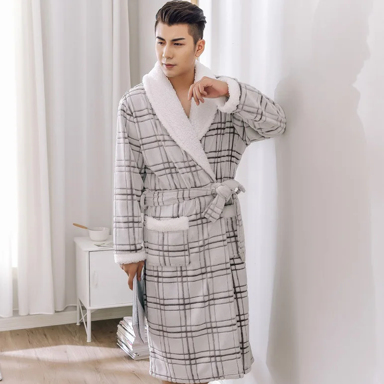 Men Bathrobe Мужской теплый халат, утолщенный коралловый фланелевый банный халат, женский осенне-зимний Повседневный халат, длинные халаты с отложным воротником, ночные халаты в клетку - Цвет: Men Bathrobe