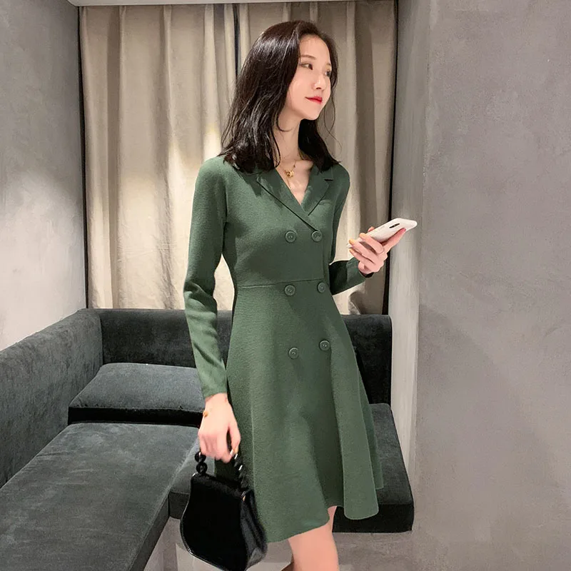 2018 Autumn Winter Women Knitting Sweater Dress thick Long Sleeve Double-Breasted Military Formal Black Swing Vestidos | Женская одежда