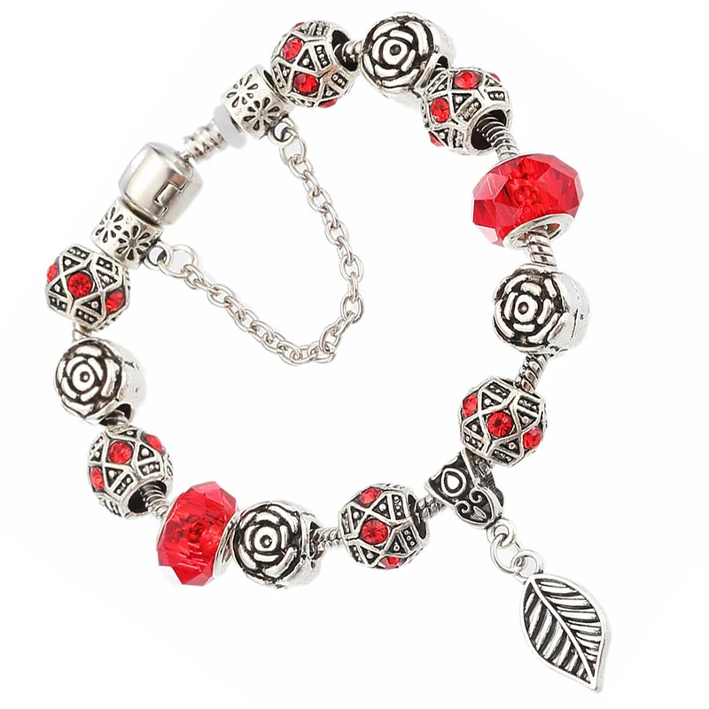 YKIN NEW Fashion Silver plated Bangles Crystal Beads Leaf shape Bracelets Antique Charm Vintage Jewelry for Women | Украшения и