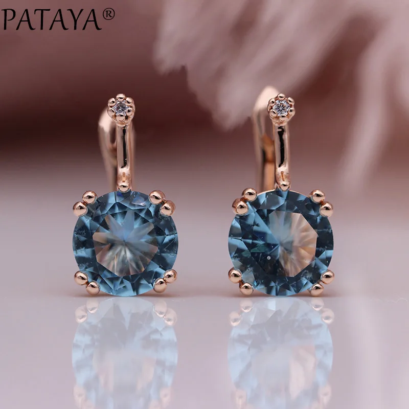 Новые Женские Висячие серьги PATAYA, круглые градиентные синие серьги с натуральным цирконием, 585 цвета розового золота, свадебные ювелирные изделия