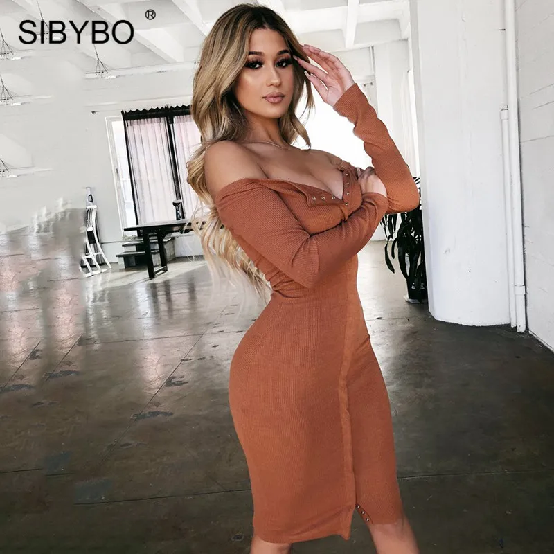 Sibybo, без бретелек, однобортное, сексуальное платье для женщин, осень, с открытыми плечами, с длинным рукавом, повседневное, бодикон, платье с открытой спиной, Клубные, вечерние платья