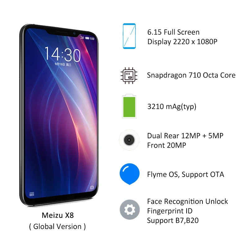 Глобальная версия Meizu X8, 4G, 64G, 6 ГБ, 128G, 4G, LTE мобильный телефон Snapdragon 710, четыре ядра, 6,15 дюйма, двойная задняя камера, разблокировка отпечатков пальцев