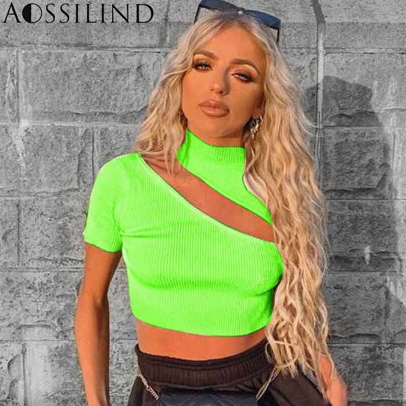 AOSSILIND короткий рукав неоновый зеленый выдалбливают сексуальный укороченный топ