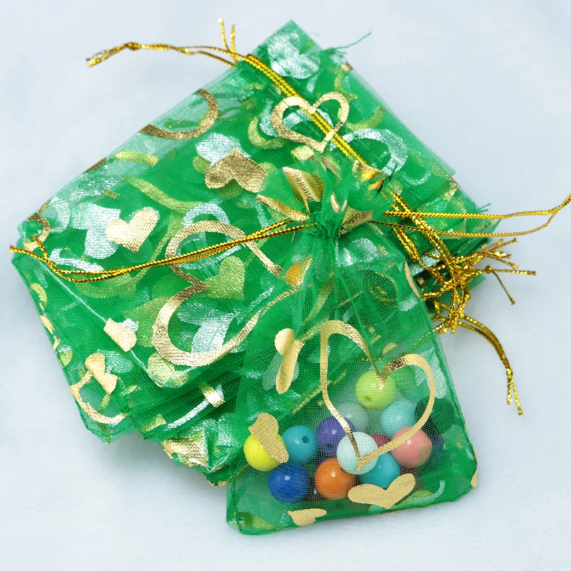 

Wholesale 200pcs 7x9cm Dark Green Organza Bags Small Gift Bag Wedding Favors Organza Pouches Hearts Print Jewelry Packaging Bags