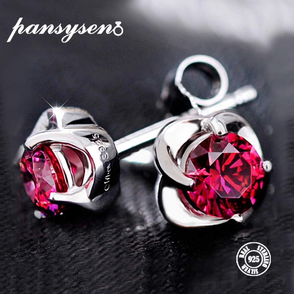 PANSYSEN Fashion Luxury Earrings for Women 925 Sterling Silver Created Ruby Gemstone Jewelry Stud Earring Valentine's Day Gift