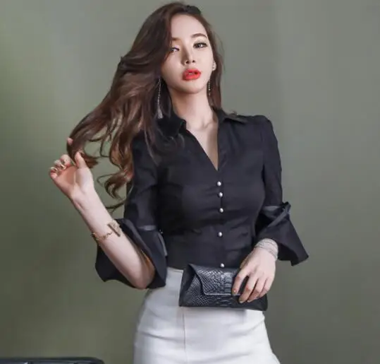 Блузка женская облегающая с V образным вырезом и Расклешенным рукавом|Блузки| |