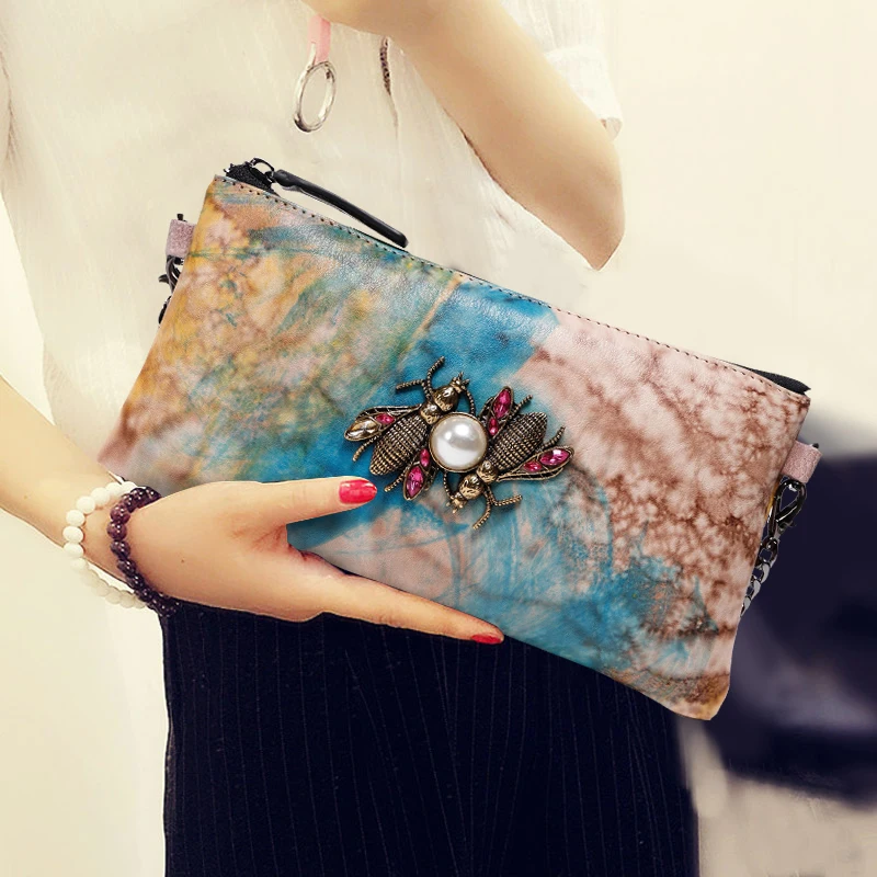 Женские вечерние клатчи с Пчелой из бриллианта кошелек натуральной кожи Дамский