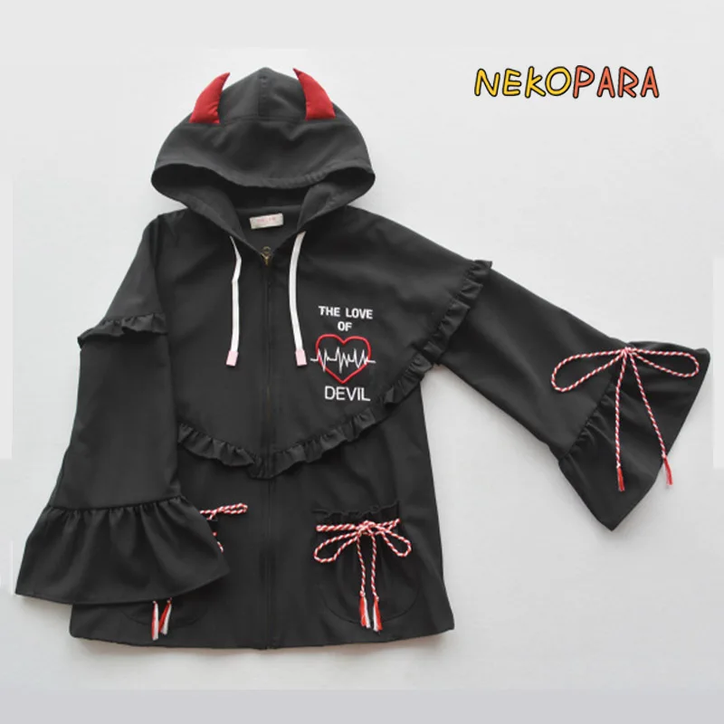 

The Love of Devil Cool Women's Black Jacket Punk Ruffles Trim Hooded Coat Outweart 2018 Autumn