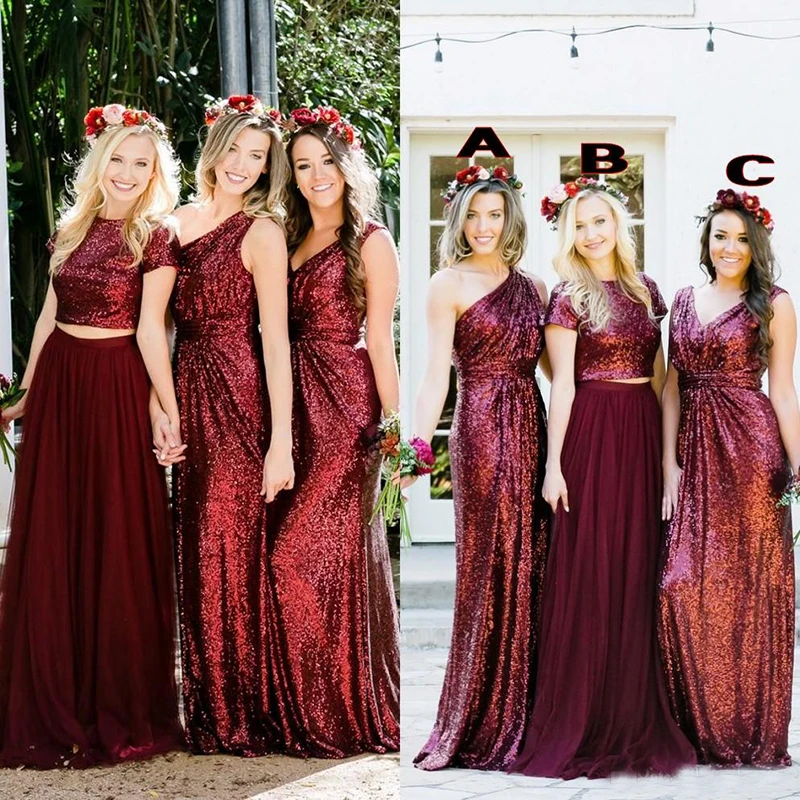 

Burgundy Sequins Bridesmaid Dresses Country Mixed Custom Made Wedding Party Guest Gown Two Pieces Junior Maid of Honor Dress