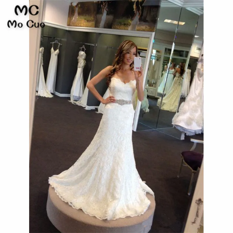 Vintage Mermaid Bridal Gown 2019 Appliques Lace Sweetheart Jewels Belt white Vestido de noiva Wedding Dress for women | Свадьбы и