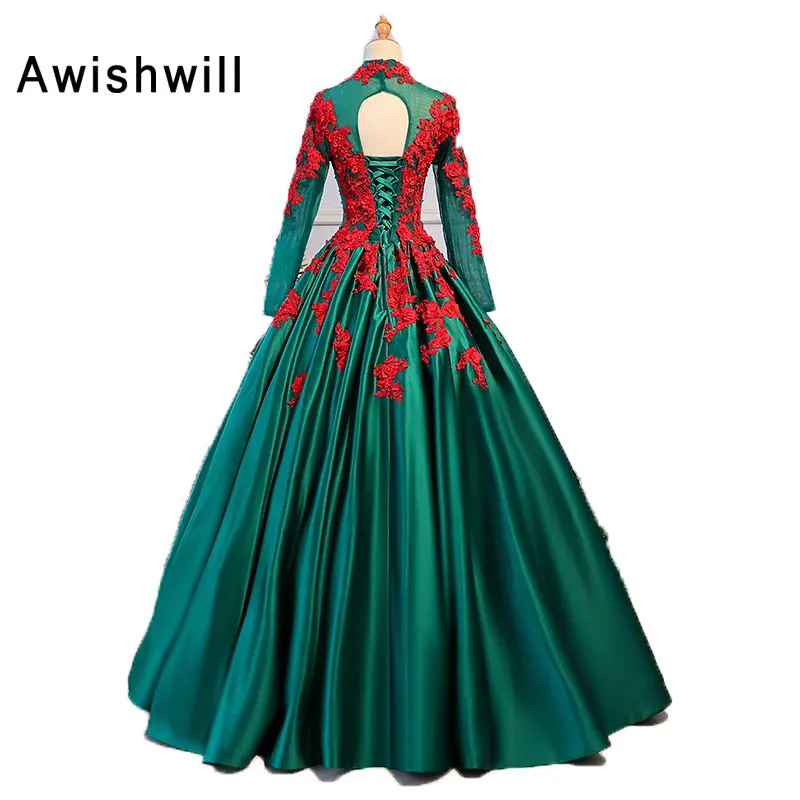 2020 Зеленые Длинные Формальные платья с высоким горлом атлас кружевом бусинами