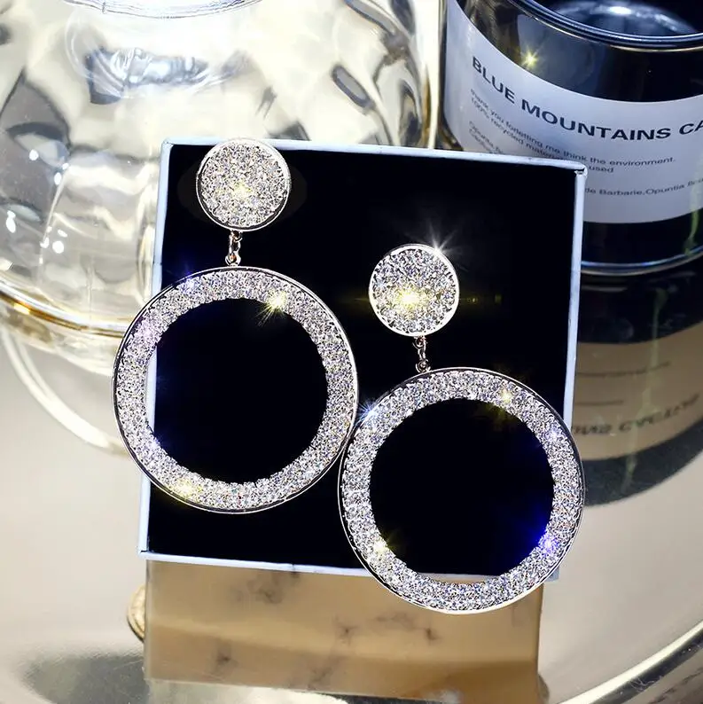 Fashion Shining Circle Earrings Precision Inlay Gold Silver Color Rhinestone Earrings for Women Wedding Party Jewelry - Окраска металла: C2028