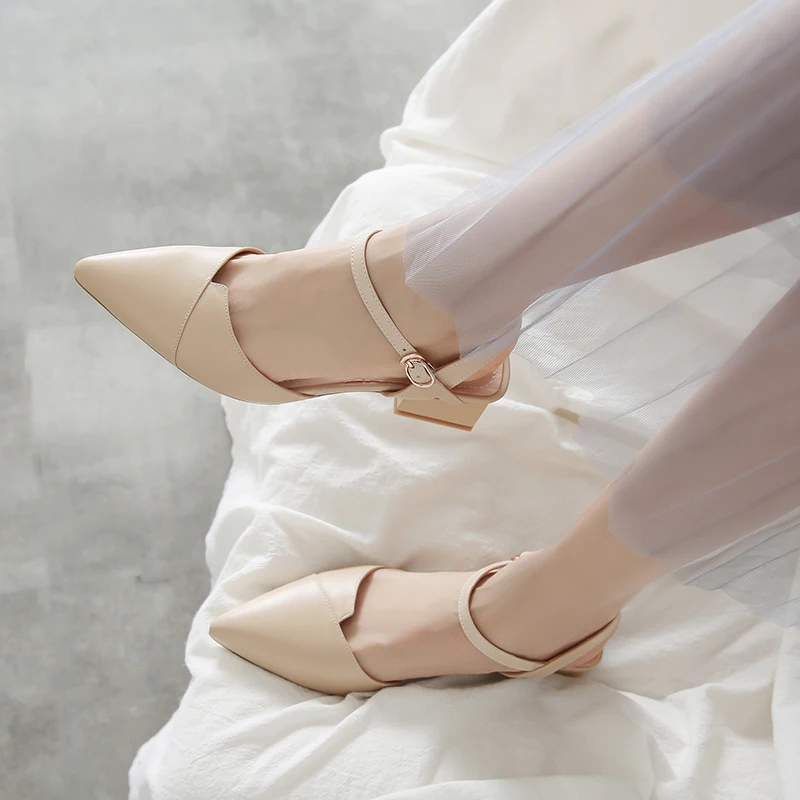 

Women's genuine leather ankle strap low heel sandals pointed toe elegant ladies summer dress pumps student style shoes for women