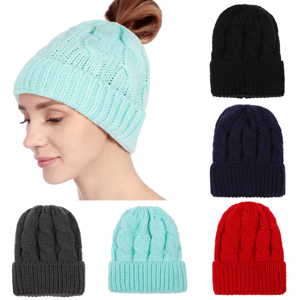 Новинка, модная женская однотонная Вязаная Зимняя шерстяная вязаная шапка с хвостиком, Se25 40