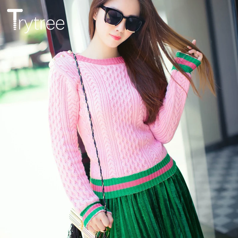 Trytree Women Casual Sweater O-Neck Autumn Winter Patchwork colours Pullovers full sleeve cotton Pink Top | Женская одежда