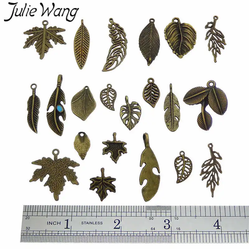 Julie Wang 10PCS Randomly Mix Vintage Leaves Charms Alloy Antique Bronze Leaf Bracelet Jewelry Making Pendant Accessory images - 6