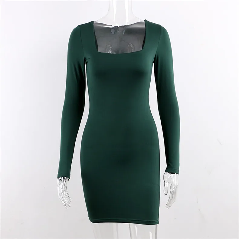 Forefair Long Sleeve Sexy Bodycon Dress Women Club Autumn Basic Solid Square Neck White Red Black Woman Mini Dress Winter