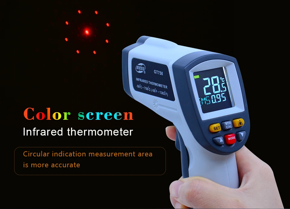 BENETECH цифровой лазерный термометр-50~ 750/950C Бесконтактный лазерный измеритель температуры пирометр ИК точечный пистолет цветной экран