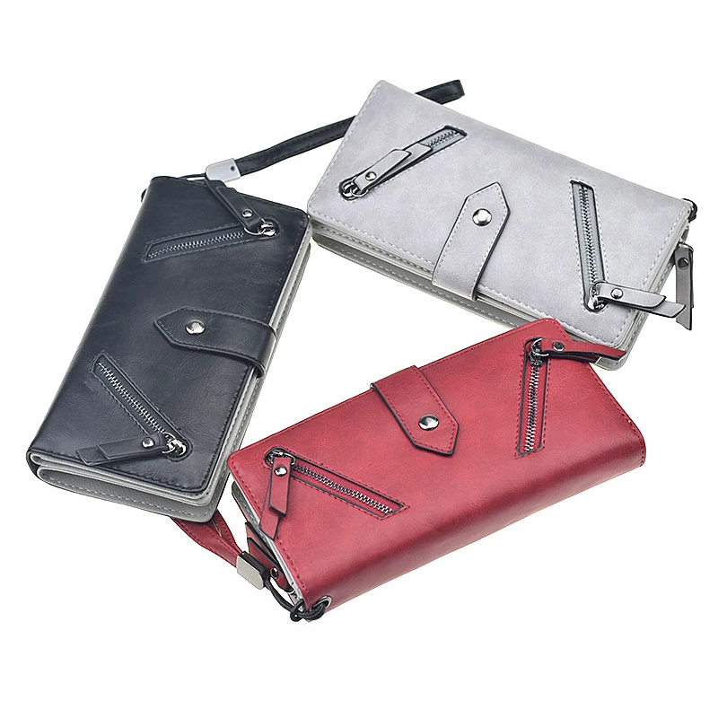 Ladies Wallets Long Zipper Phone Zipper Bag PU Leather Credit Card Wallet Casual Coin Clutch Wristlets Women Solid Cards Purses