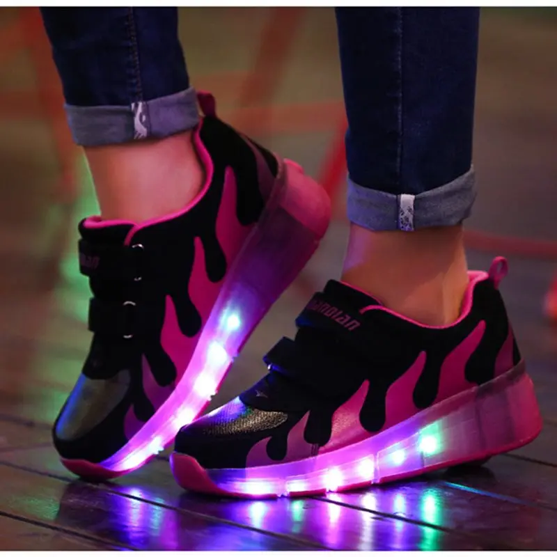 rose huoyan Мальчиков shoeschildren светодиодный светильник обувь Дети Sneakes с колесами Детские Роликовые кроссовки для маленьких детей светящиеся кроссовки для девочек Роликовые кроссовки - Цвет: rose huoyan