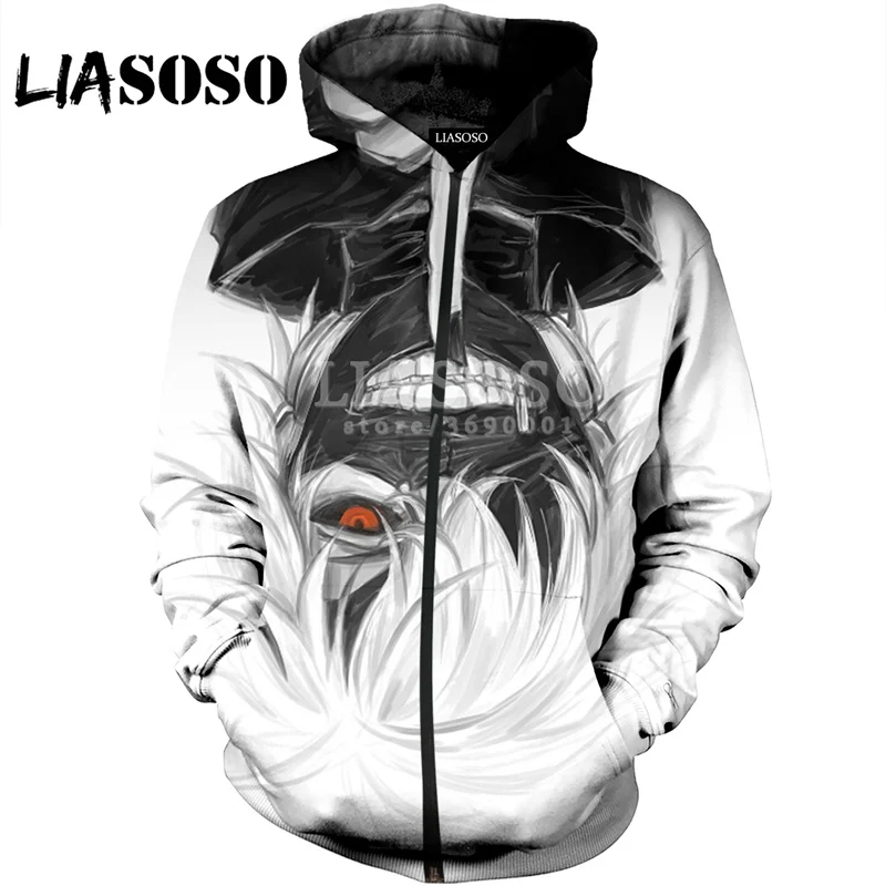 LIASOSO, новинка, 3D принт, для женщин и мужчин, аниме, Токийский Гуль, с капюшоном, пуловер, толстовки, на молнии, куртка, Harajuku, хип-хоп, X0617